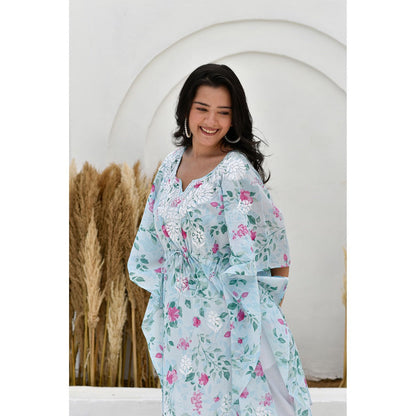House Of Chikankari Jafna Chikankari Mulmul Short Blue Kaftan