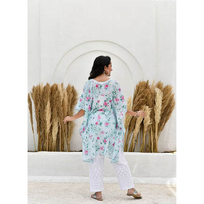 House Of Chikankari Jafna Chikankari Mulmul Short Blue Kaftan