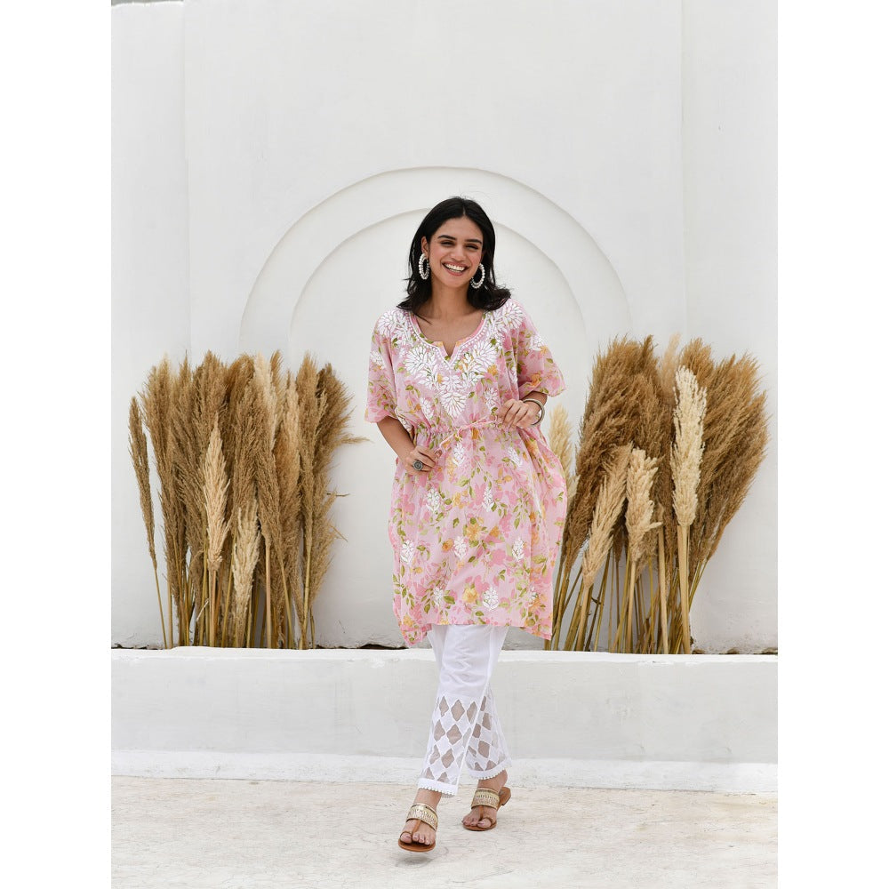 House Of Chikankari Jafna Chikankari Mulmul Short Pink Kaftan