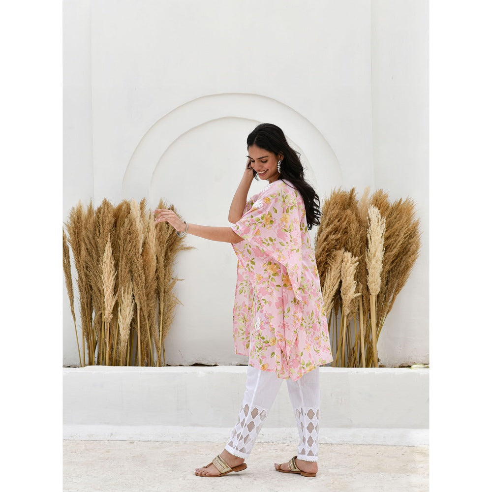House Of Chikankari Jafna Chikankari Mulmul Short Pink Kaftan