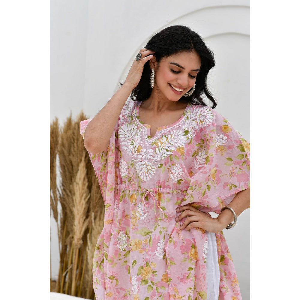 House Of Chikankari Jafna Chikankari Mulmul Short Pink Kaftan