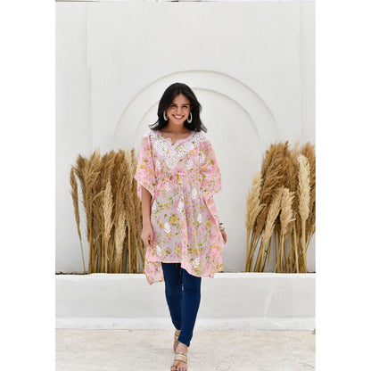 House Of Chikankari Jafna Chikankari Mulmul Short Pink Kaftan
