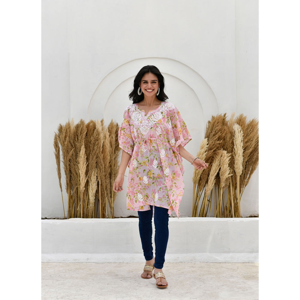 House Of Chikankari Jafna Chikankari Mulmul Short Pink Kaftan