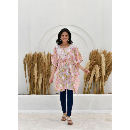 House Of Chikankari Jafna Chikankari Mulmul Short Pink Kaftan