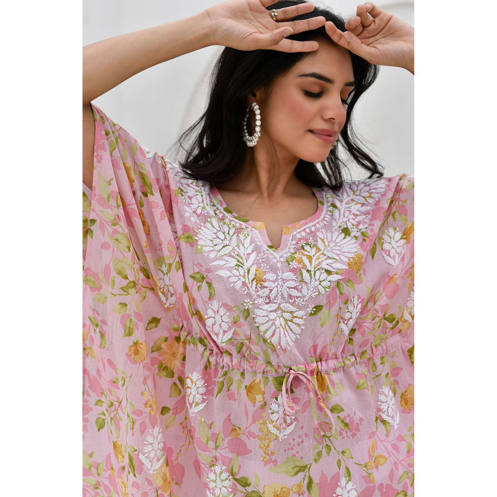 House Of Chikankari Jafna Chikankari Mulmul Short Pink Kaftan