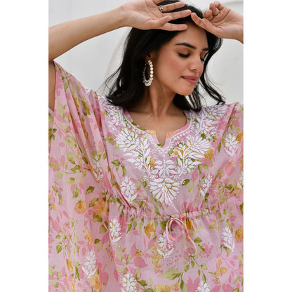 House Of Chikankari Jafna Chikankari Mulmul Short Pink Kaftan