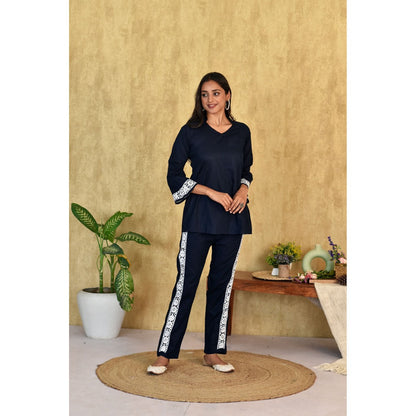 House Of Chikankari Muhsina Chikankari Cotton Short Navy Blue Co-Ord (Set of 2)