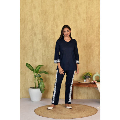 House Of Chikankari Muhsina Chikankari Cotton Short Navy Blue Co-Ord (Set of 2)