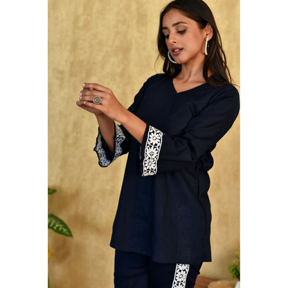 House Of Chikankari Muhsina Chikankari Cotton Short Navy Blue Co-Ord (Set of 2)
