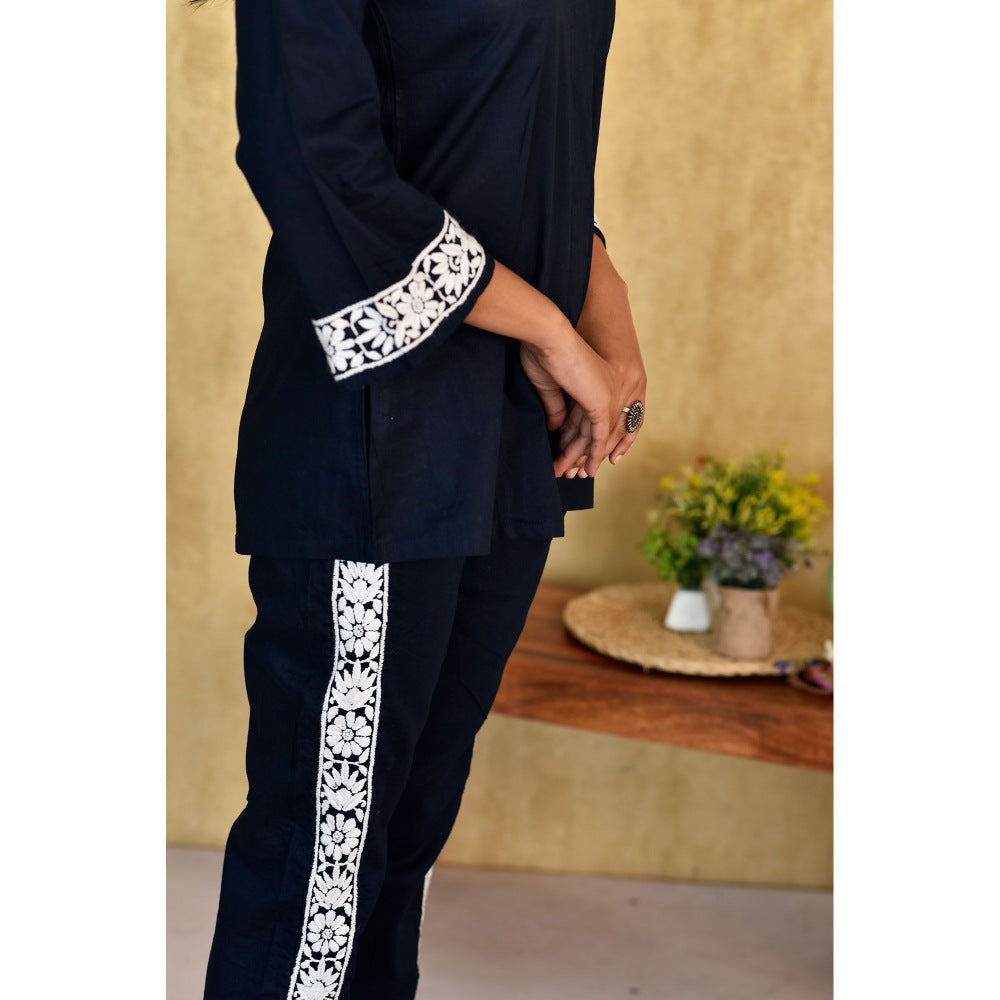 House Of Chikankari Muhsina Chikankari Cotton Short Navy Blue Co-Ord (Set of 2)