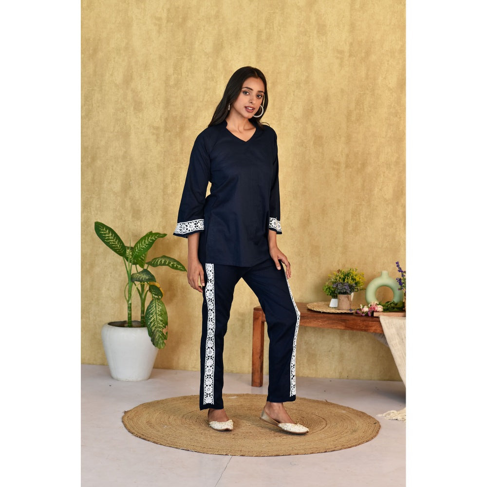House Of Chikankari Muhsina Chikankari Cotton Short Navy Blue Co-Ord (Set of 2)