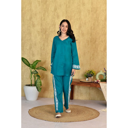 House Of Chikankari Muhsina Chikankari Cotton Short Green Co-Ord (Set of 2)