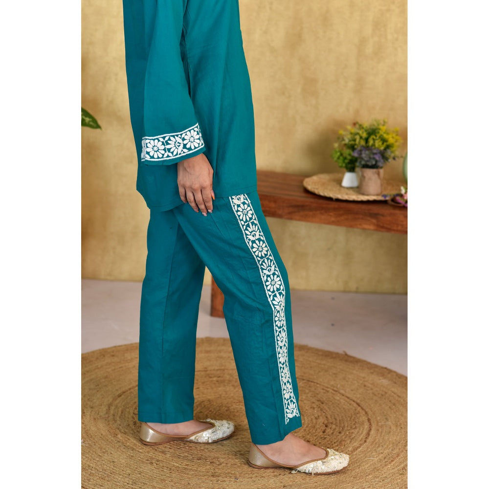 House Of Chikankari Muhsina Chikankari Cotton Short Green Co-Ord (Set of 2)