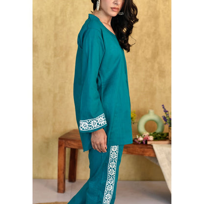 House Of Chikankari Muhsina Chikankari Cotton Short Green Co-Ord (Set of 2)