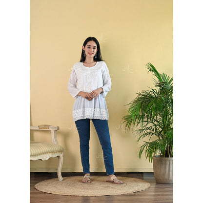 House Of Chikankari Aizaz Chikankari Cotton Straight Short White Kurti