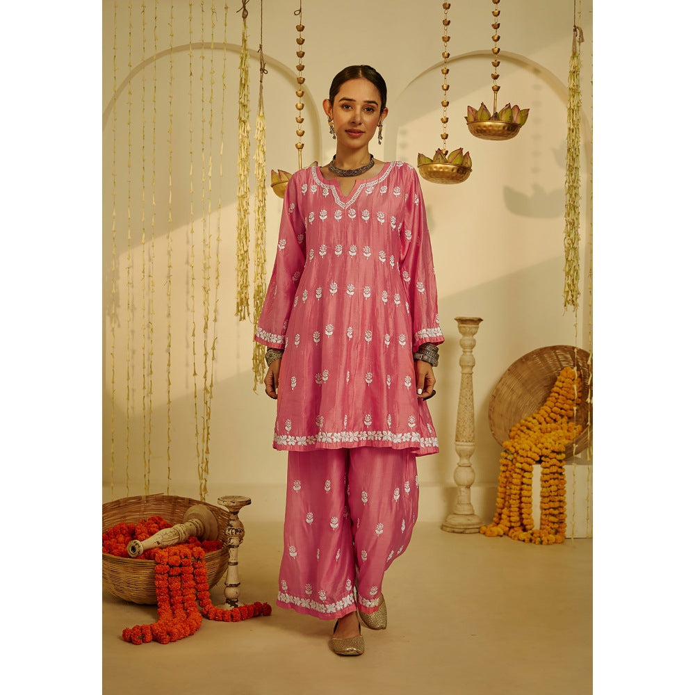 House of Chikankari Pink Samina Chikankari Chanderi Short Anarkali (Set of 2)