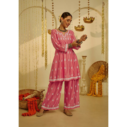 House of Chikankari Pink Samina Chikankari Chanderi Short Anarkali (Set of 2)