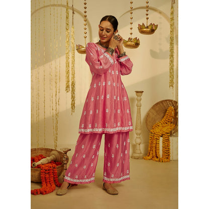 House of Chikankari Pink Samina Chikankari Chanderi Short Anarkali (Set of 2)