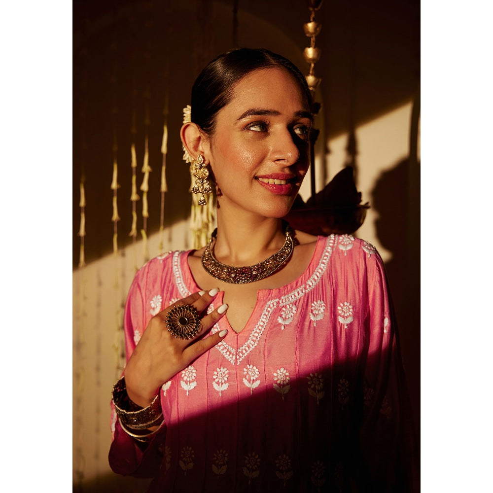 House of Chikankari Pink Samina Chikankari Chanderi Short Anarkali (Set of 2)