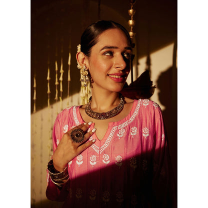 House of Chikankari Pink Samina Chikankari Chanderi Short Anarkali (Set of 2)