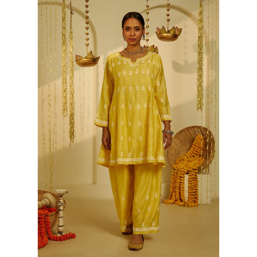 House of Chikankari Yellow Samina Chikankari Chanderi Short Anarkali (Set of 2)