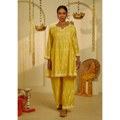 House of Chikankari Yellow Samina Chikankari Chanderi Short Anarkali (Set of 2)