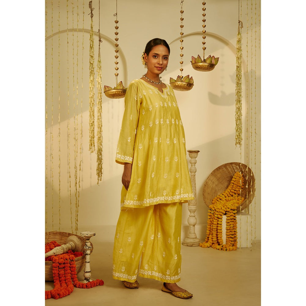House of Chikankari Yellow Samina Chikankari Chanderi Short Anarkali (Set of 2)