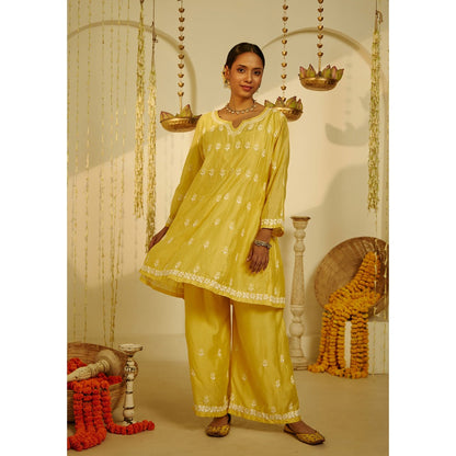 House of Chikankari Yellow Samina Chikankari Chanderi Short Anarkali (Set of 2)