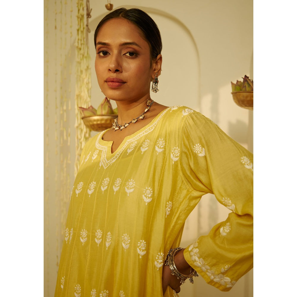 House of Chikankari Yellow Samina Chikankari Chanderi Short Anarkali (Set of 2)