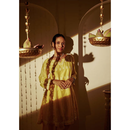 House of Chikankari Yellow Samina Chikankari Chanderi Short Anarkali (Set of 2)