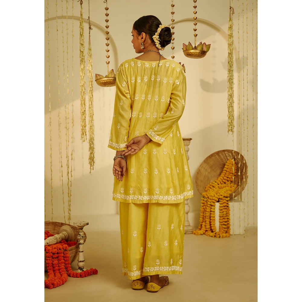 House of Chikankari Yellow Samina Chikankari Chanderi Short Anarkali (Set of 2)