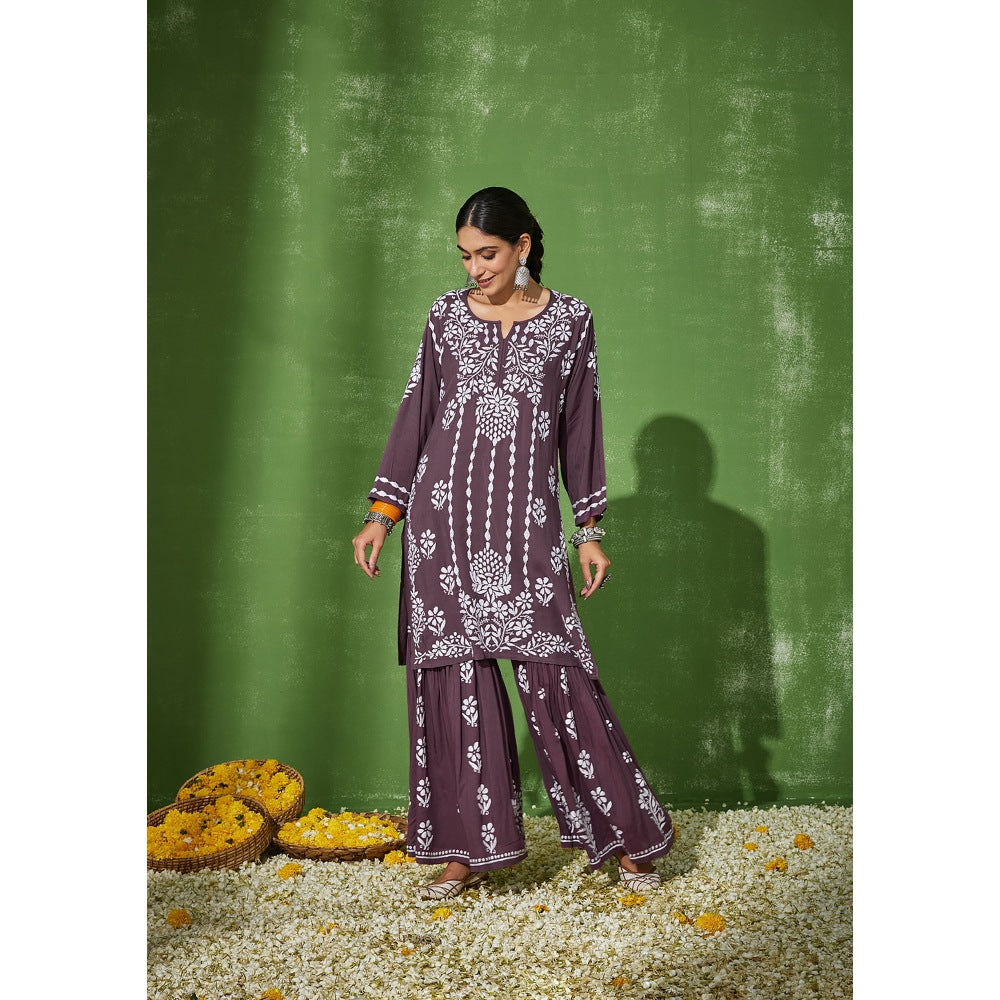House of Chikankari Purple Sabiha Chikankari Modal Kurta and Sharara (Set of 2)