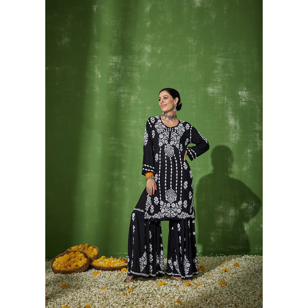 House of Chikankari Black Sabiha Chikankari Modal Kurta and Sharara (Set of 2)