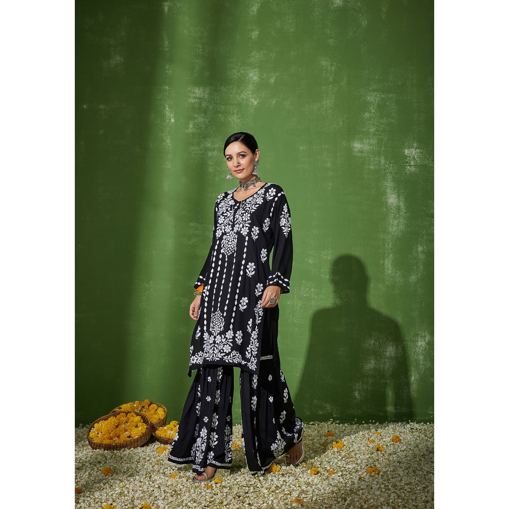 House of Chikankari Black Sabiha Chikankari Modal Kurta and Sharara (Set of 2)