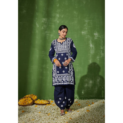 House of Chikankari Navy Blue Zunaira Chikankari Cotton Kurta with Afghani Salwar (Set of 2)