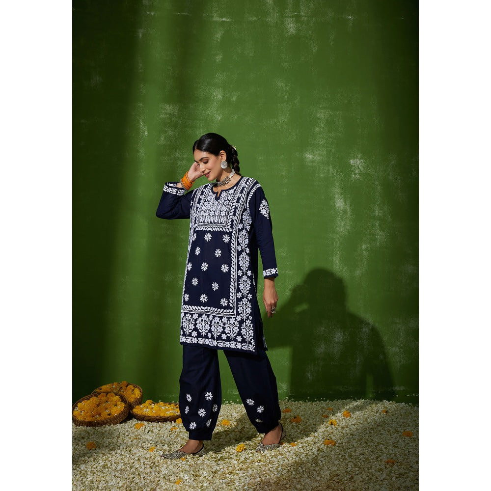 House of Chikankari Navy Blue Zunaira Chikankari Cotton Kurta with Afghani Salwar (Set of 2)