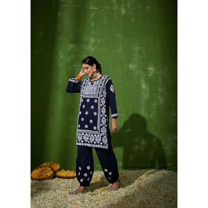 House of Chikankari Navy Blue Zunaira Chikankari Cotton Kurta with Afghani Salwar (Set of 2)