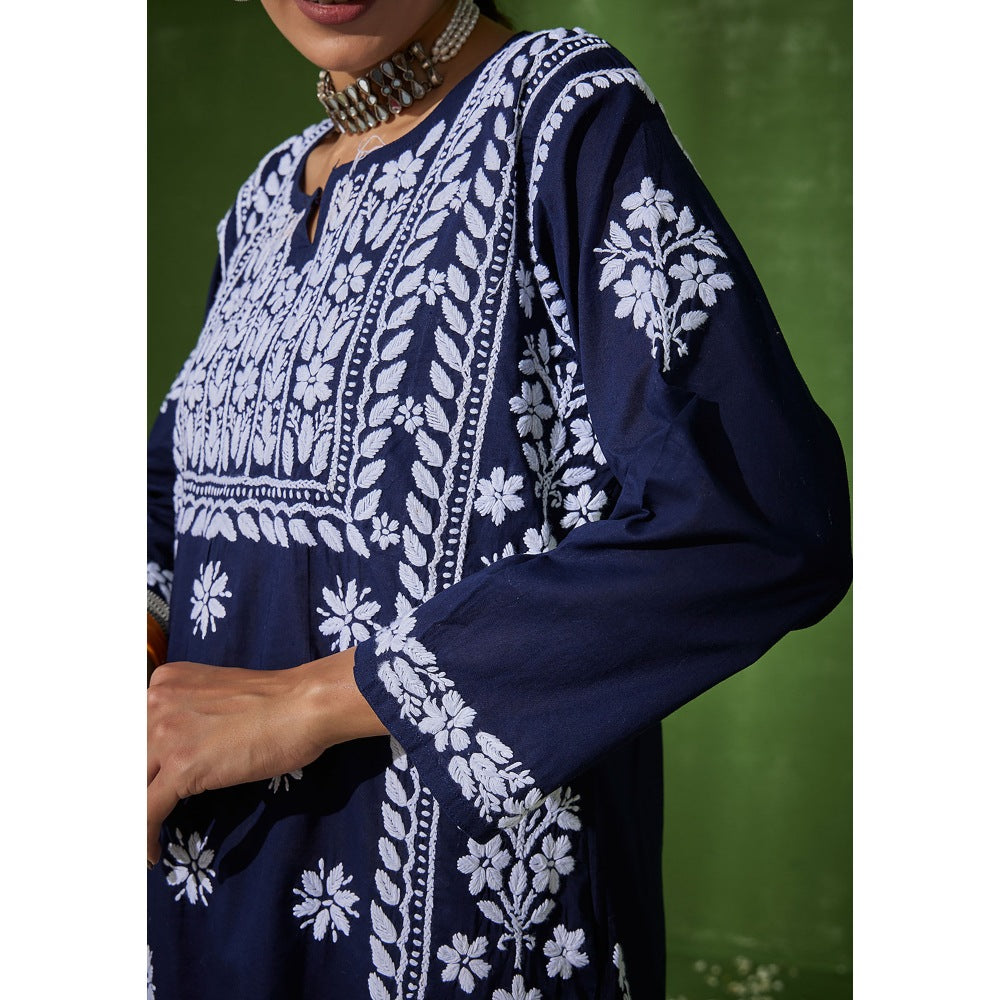 House of Chikankari Navy Blue Zunaira Chikankari Cotton Kurta with Afghani Salwar (Set of 2)