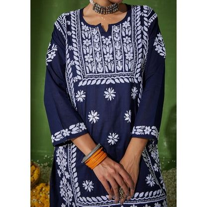 House of Chikankari Navy Blue Zunaira Chikankari Cotton Kurta with Afghani Salwar (Set of 2)