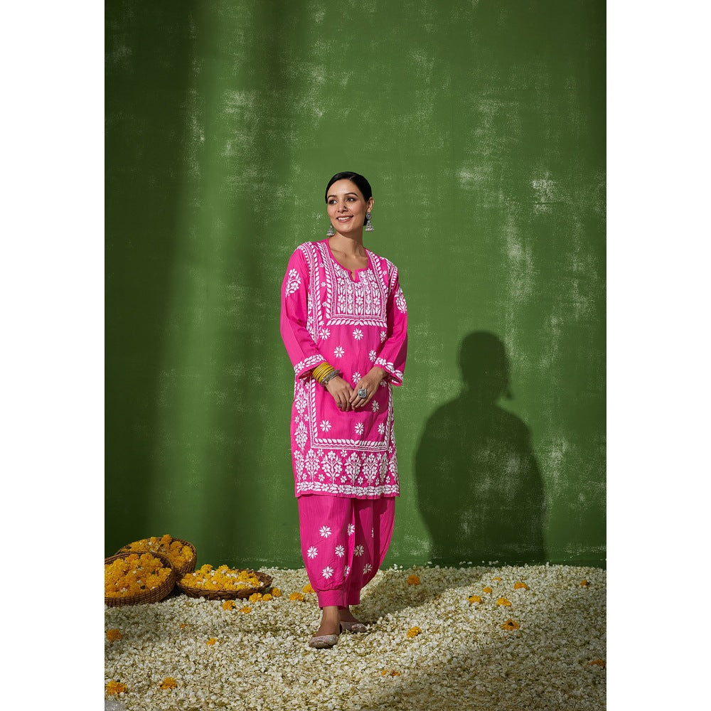 House of Chikankari Pink Zunaira Chikankari Cotton Kurta with Afghani Salwar (Set of 2)