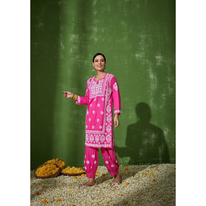 House of Chikankari Pink Zunaira Chikankari Cotton Kurta with Afghani Salwar (Set of 2)