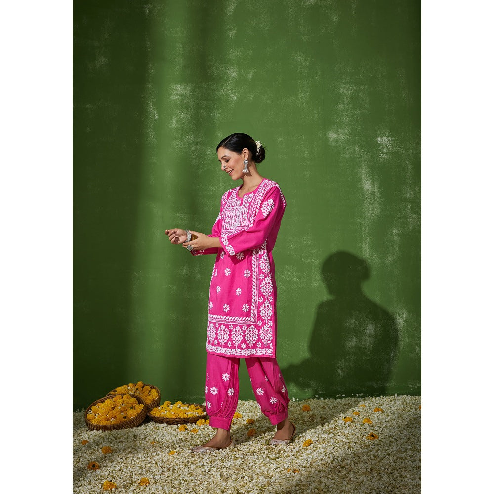 House of Chikankari Pink Zunaira Chikankari Cotton Kurta with Afghani Salwar (Set of 2)
