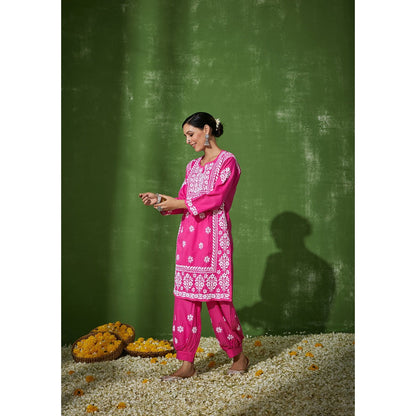 House of Chikankari Pink Zunaira Chikankari Cotton Kurta with Afghani Salwar (Set of 2)