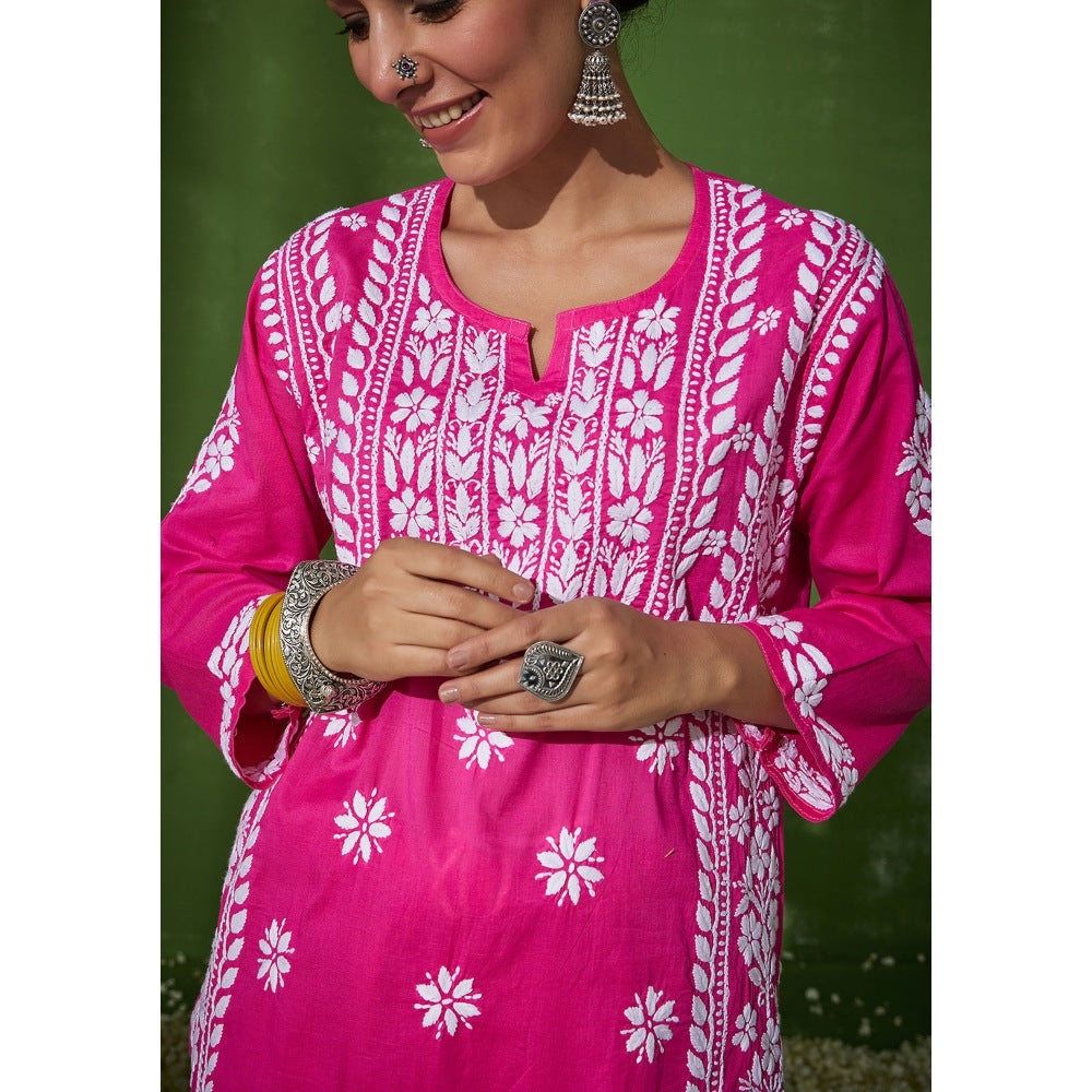 House of Chikankari Pink Zunaira Chikankari Cotton Kurta with Afghani Salwar (Set of 2)