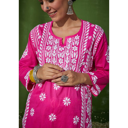 House of Chikankari Pink Zunaira Chikankari Cotton Kurta with Afghani Salwar (Set of 2)
