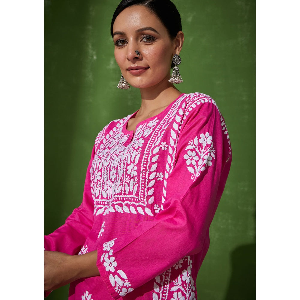 House of Chikankari Pink Zunaira Chikankari Cotton Kurta with Afghani Salwar (Set of 2)
