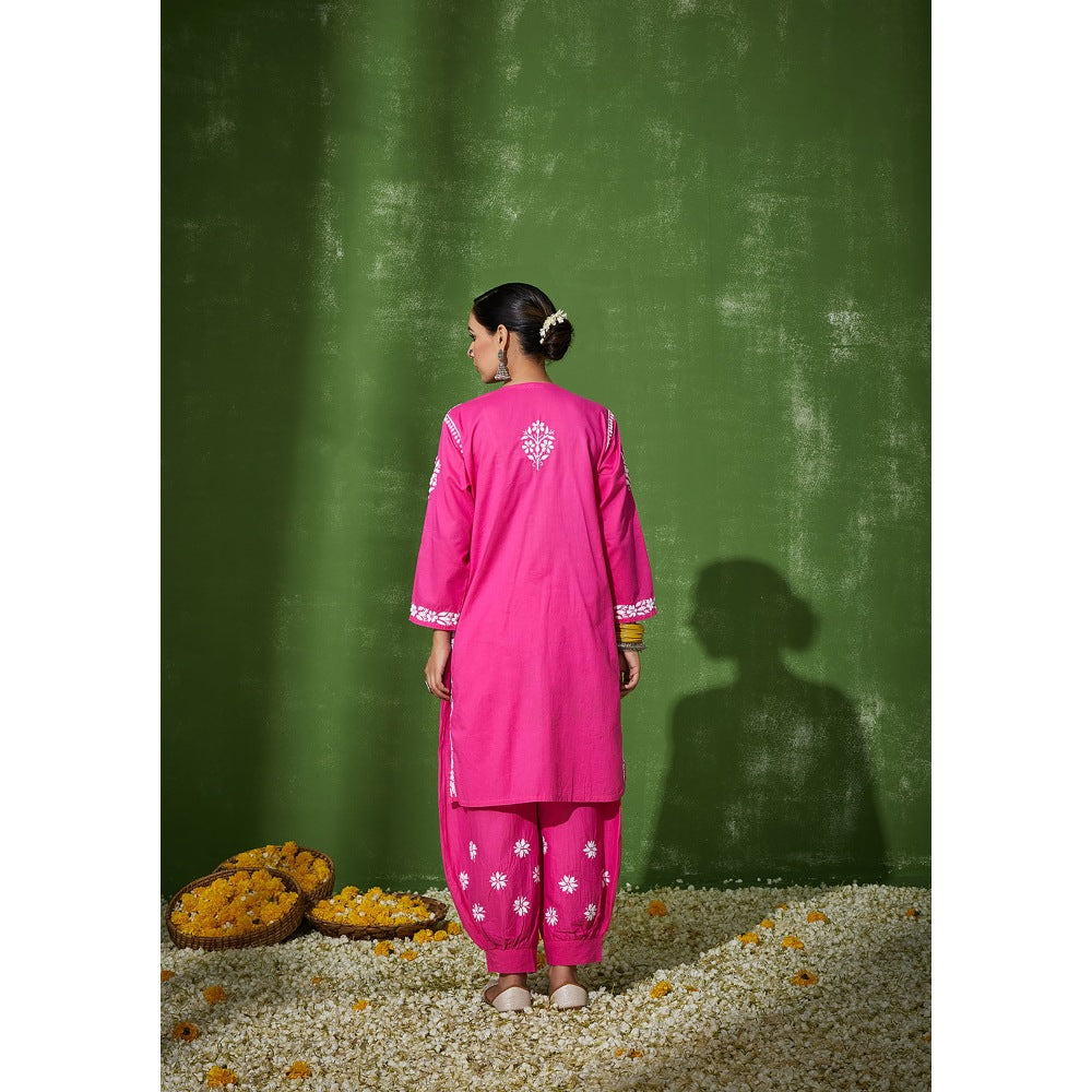 House of Chikankari Pink Zunaira Chikankari Cotton Kurta with Afghani Salwar (Set of 2)