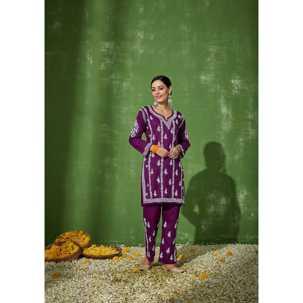 House of Chikankari Purple Aleena Chikankari Cotton Short Kurta with Pant (Set of 2)
