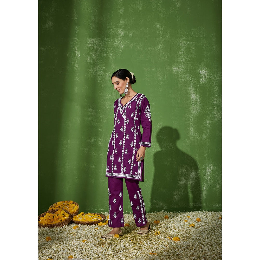 House of Chikankari Purple Aleena Chikankari Cotton Short Kurta with Pant (Set of 2)