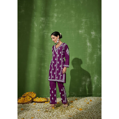 House of Chikankari Purple Aleena Chikankari Cotton Short Kurta with Pant (Set of 2)